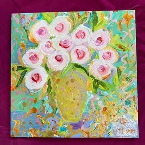 Peonies On Lavender Table An Acrylic Original Painting 12”x12” BirchWood Panel
